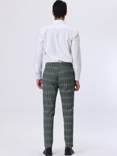 Men's Plaid Slim Fit Trousers Flat Front Casual Checked Printed Dress Pants