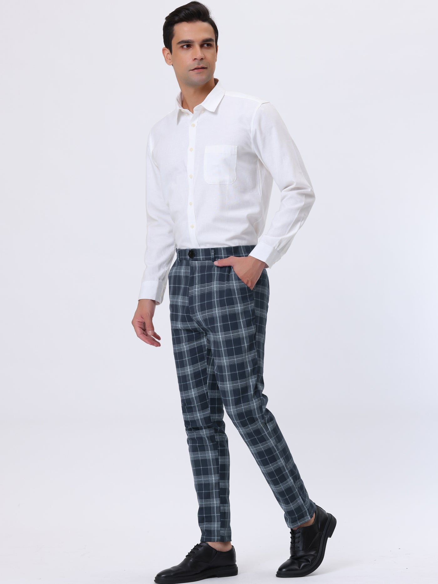 Bublédon Men's Plaid Slim Fit Trousers Flat Front Casual Checked Printed Dress Pants