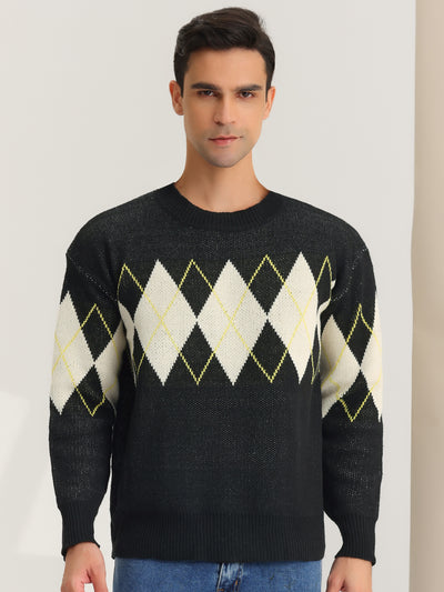 Men's Argyle Sweater Long Sleeves Regular Fit Round Neck Contrast Color Knit Pullover