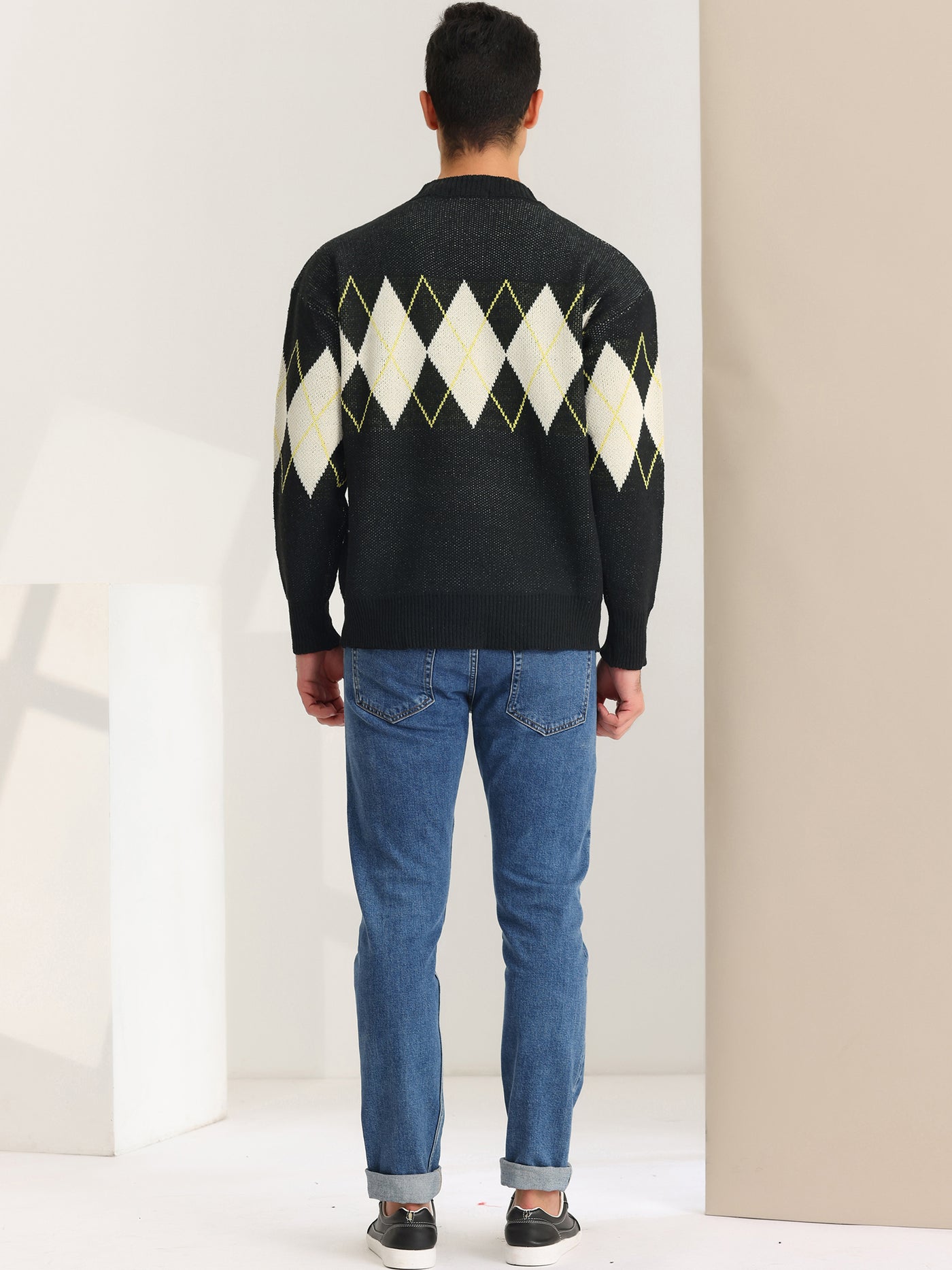 Bublédon Men's Argyle Sweater Long Sleeves Regular Fit Round Neck Contrast Color Knit Pullover