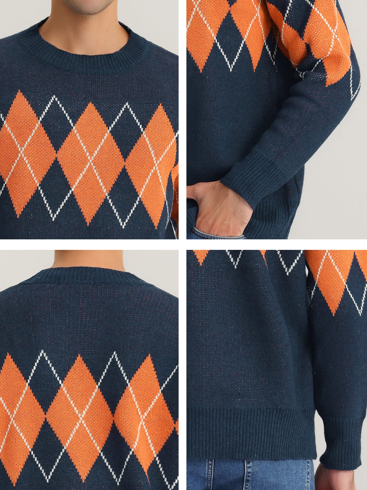Bublédon Men's Argyle Sweater Long Sleeves Regular Fit Round Neck Contrast Color Knit Pullover
