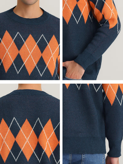 Men's Argyle Sweater Long Sleeves Regular Fit Round Neck Contrast Color Knit Pullover