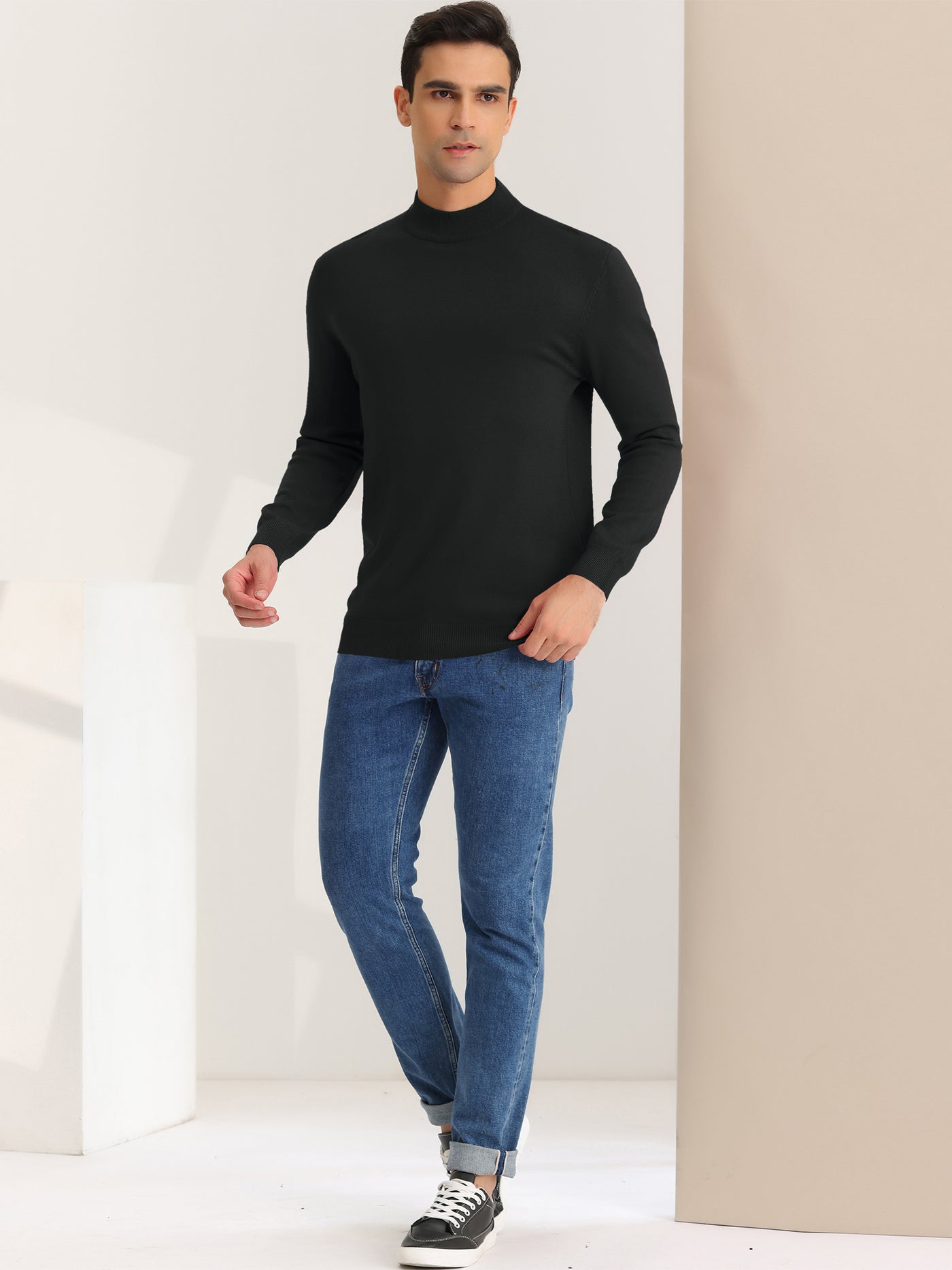 Bublédon Men's Mock Neck Sweater Solid Color Classic Long Sleeves Knit Pullover