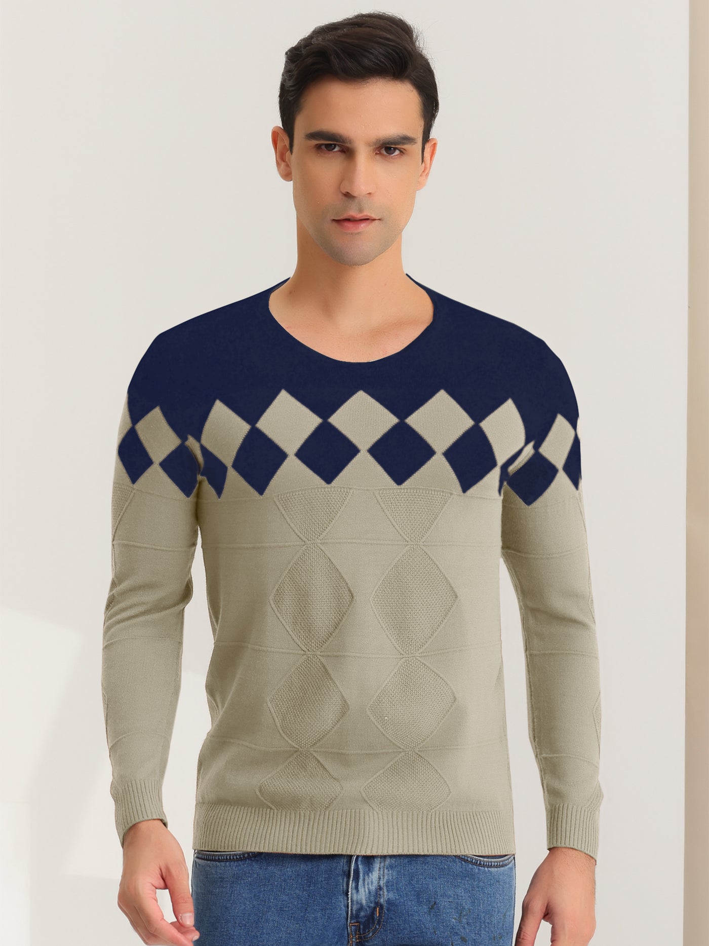 Bublédon Argyle Sweater Long Sleeves Slim Fit V Neck Knitted Pullover