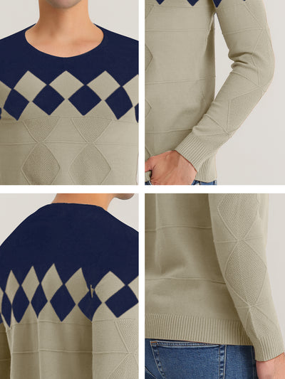 Argyle Sweater Long Sleeves Slim Fit V Neck Knitted Pullover