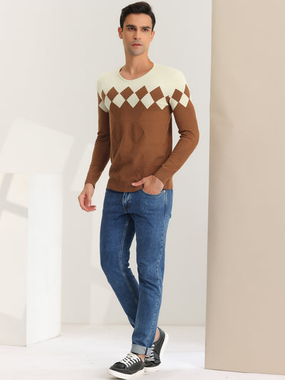Argyle Sweater Long Sleeves Slim Fit V Neck Knitted Pullover