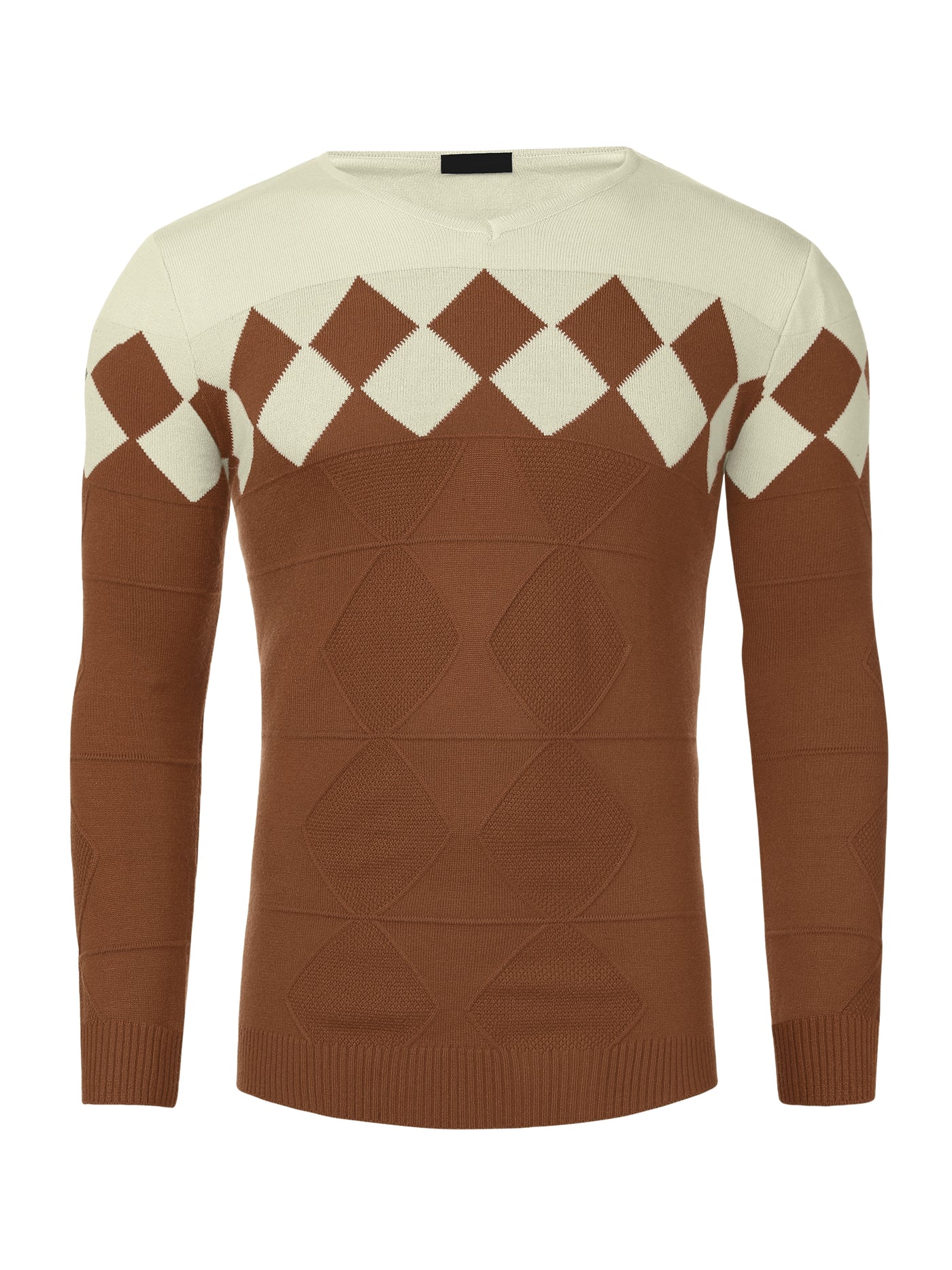 Bublédon Argyle Sweater Long Sleeves Slim Fit V Neck Knitted Pullover