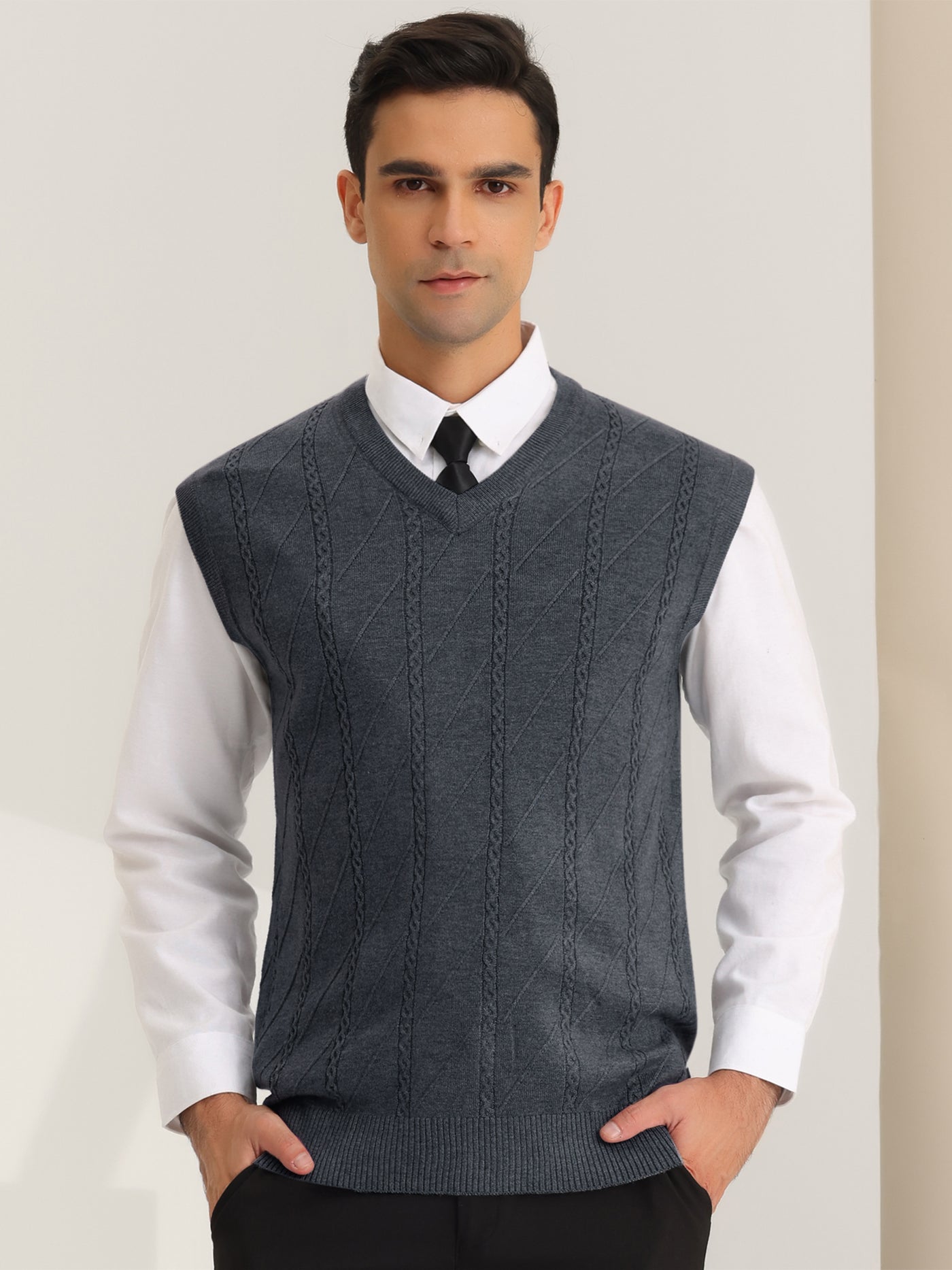 Bublédon Men's Cable Knitted Slim Fit V-Neck Sleeveless Pullover Sweater Vest