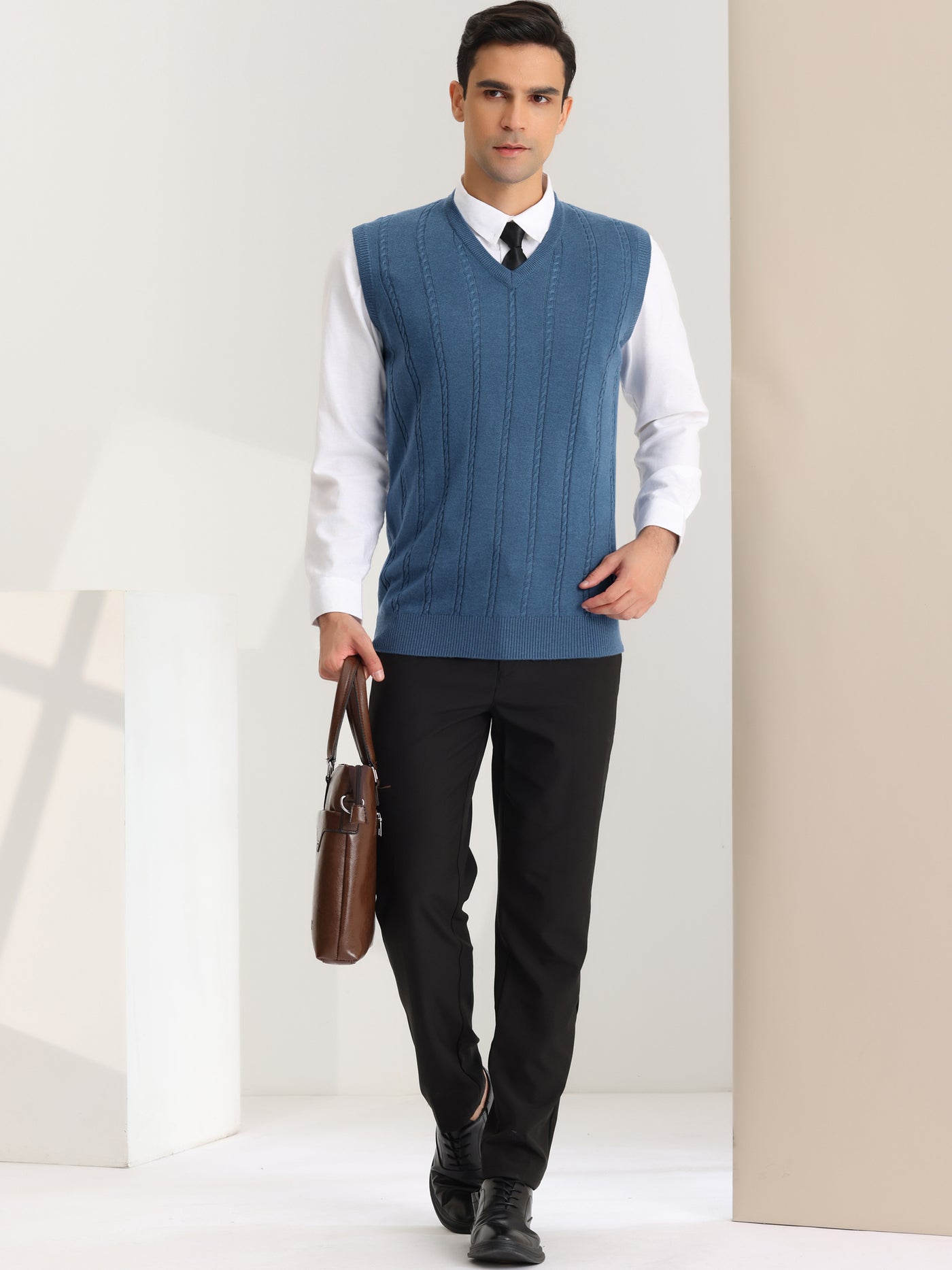 Bublédon Men's Sleeveless V-Neck Solid Color Cable Knitted Sweater Vest