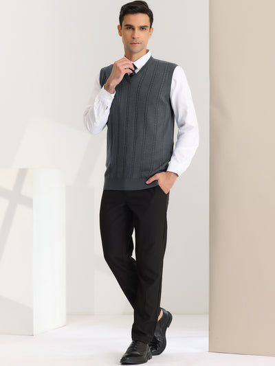 Men's Sleeveless V-Neck Solid Color Cable Knitted Sweater Vest