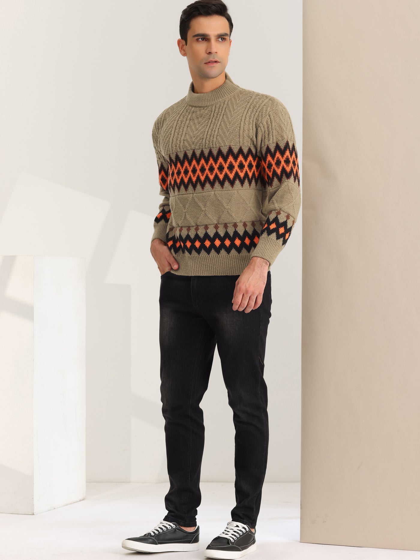 Bublédon Men's Argyle Sweater Long Sleeves Color Block Crew Neck Knitted Pullover
