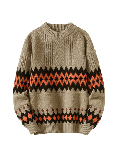 Men's Argyle Sweater Long Sleeves Color Block Crew Neck Knitted Pullover