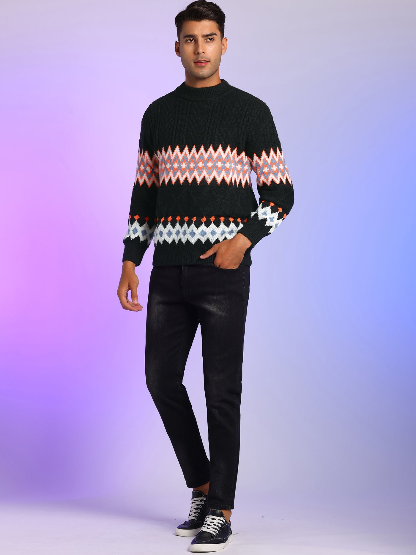 Bublédon Men's Argyle Sweater Long Sleeves Color Block Crew Neck Knitted Pullover