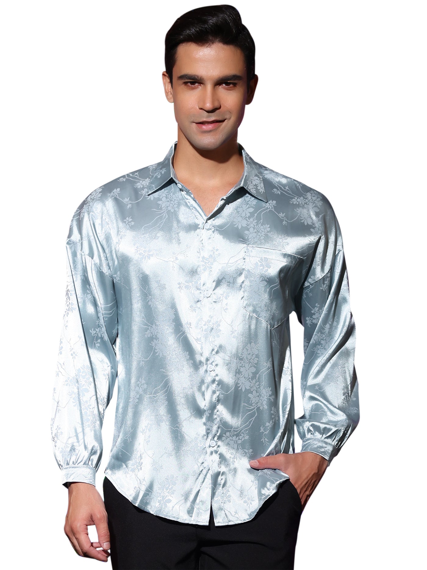 Bublédon Men's Satin Printed Button Down Long Sleeves Formal Dress Shirts