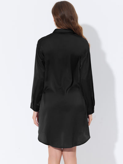 Women's Long Sleeves Button Down Shirt Dress Satin Nightgown