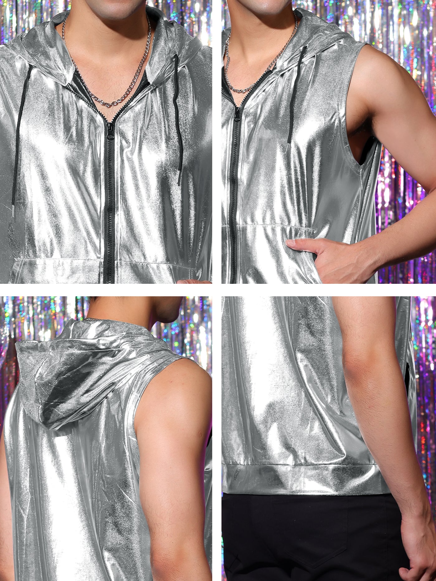 Bublédon Men's Metallic Hooded Vest Zip Up Party Shiny Sleeveless Hoodie with Pocket