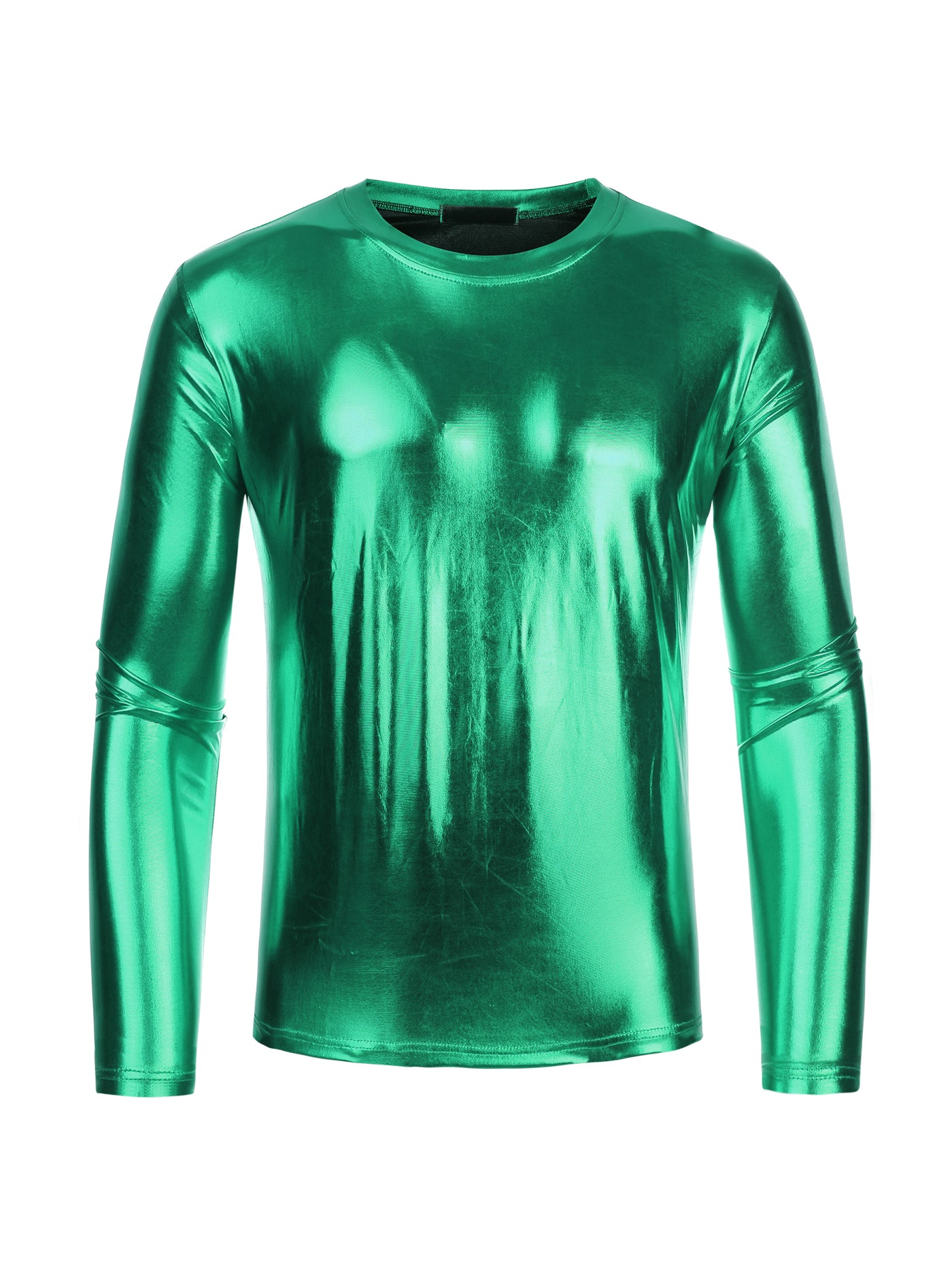 Bublédon Men's Metallic T-Shirt Round Neck Shining Disco Long Sleeve Shirt