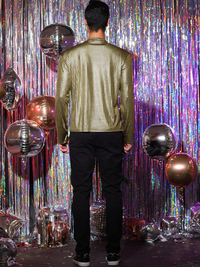 Men's Sparkle V-Neck Shiny Party Metallic Long Sleeve Shirt