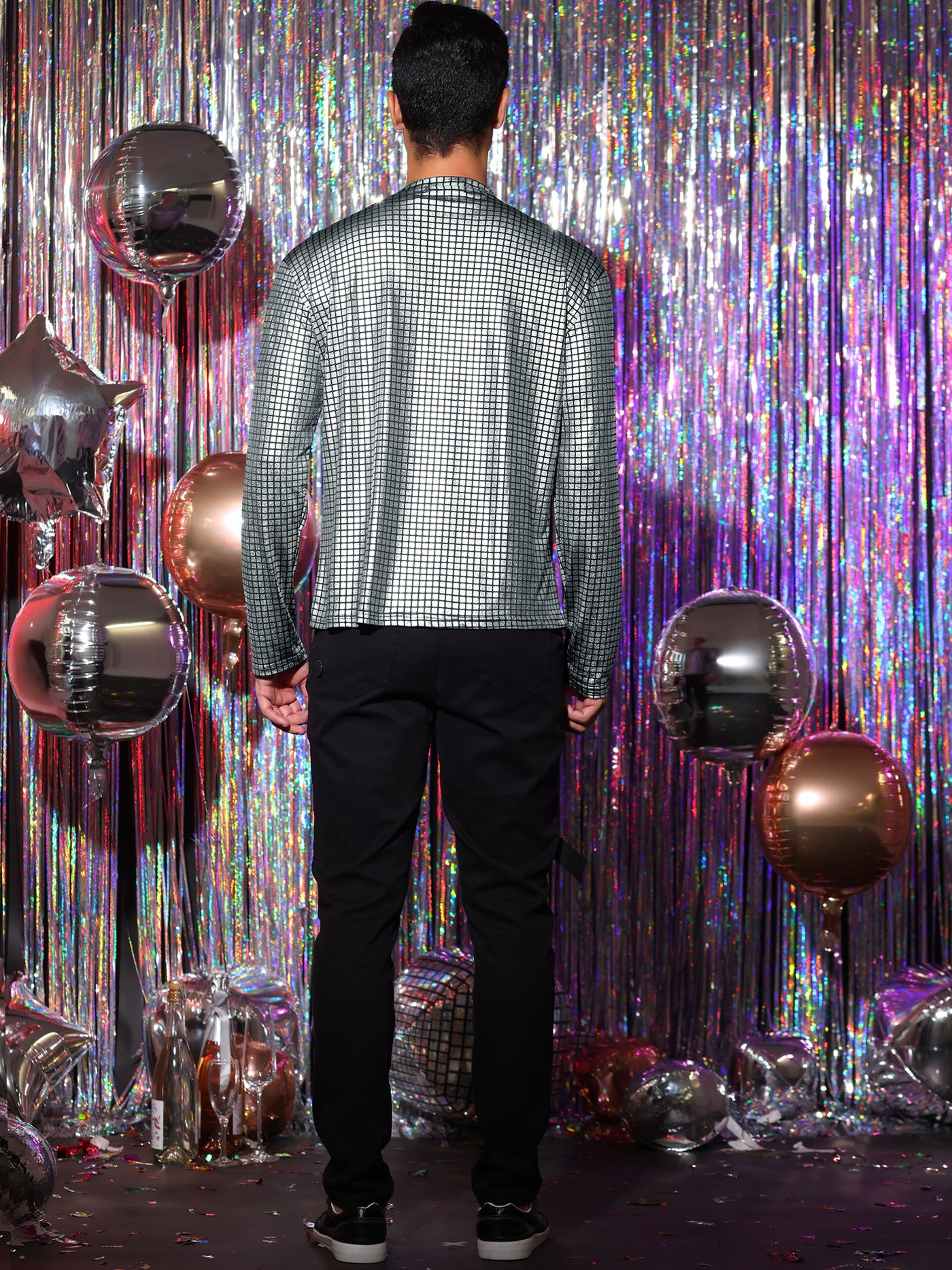 Bublédon Men's Sparkle V-Neck Shiny Party Metallic Long Sleeve Shirt