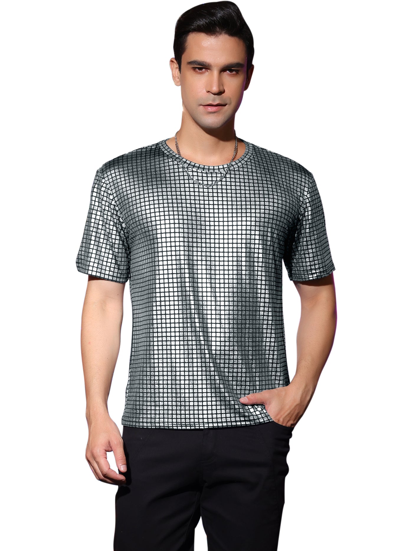 Bublédon Men's Metallic T-Shirt Crew Neck Short Sleeves Shiny Party Nightclub Tee Shirt