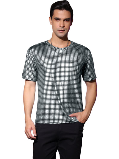 Men's Metallic T-Shirt Crew Neck Short Sleeves Shiny Party Nightclub Tee Shirt