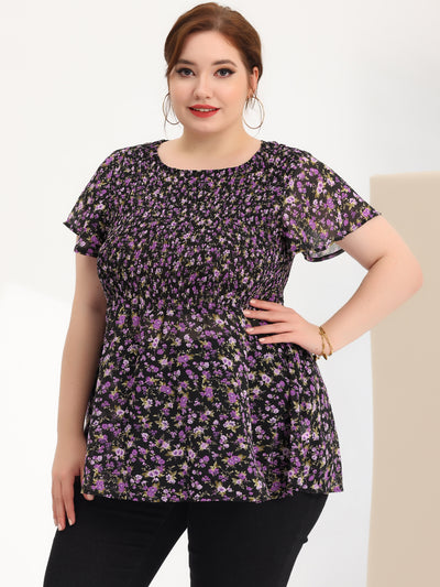 Peplum Ditsy Floral Spring Round Neck Blouse
