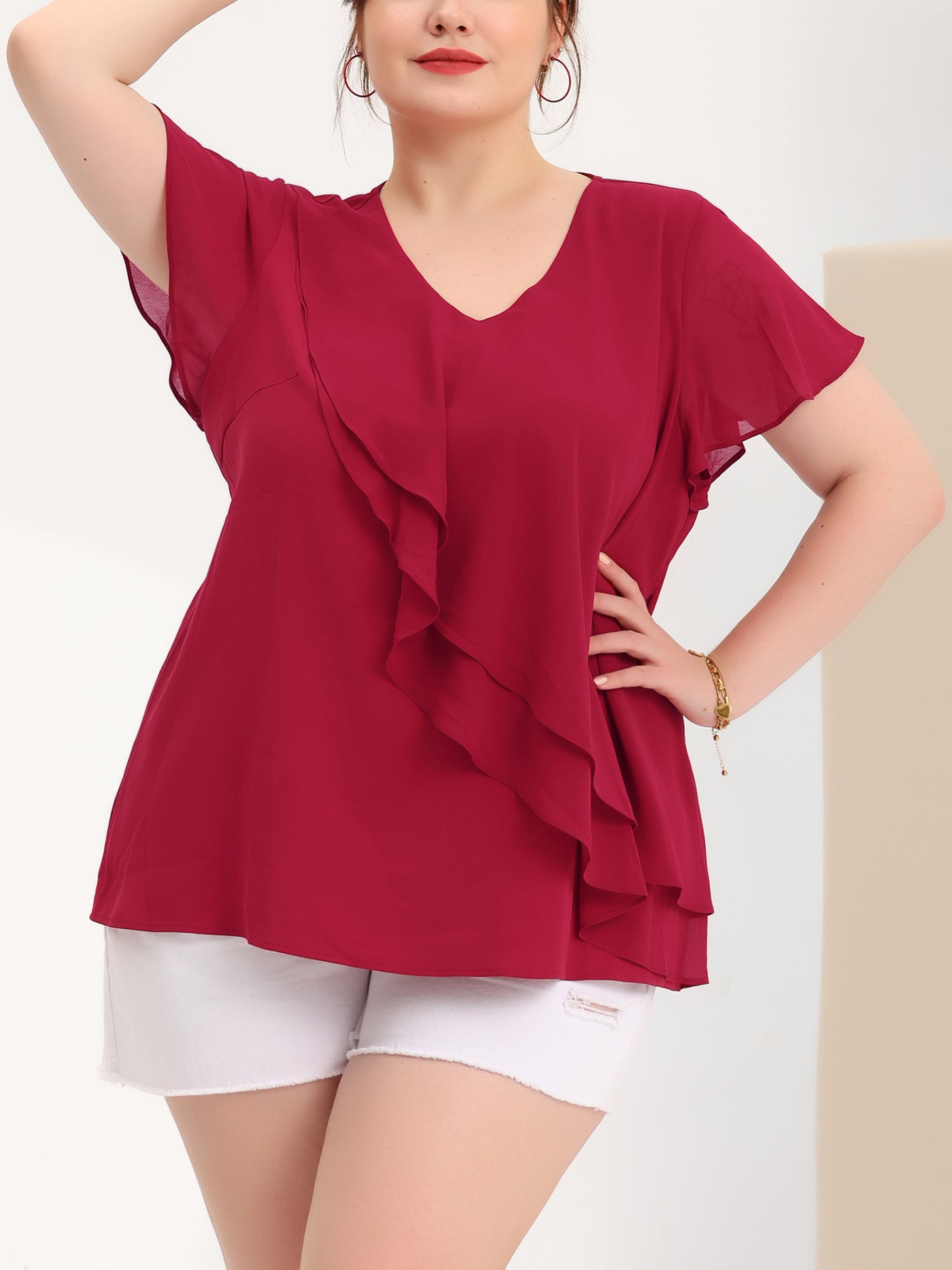 Bublédon Woven Relax Fit Summer V Neck Layers Blouse
