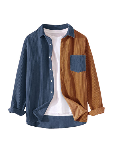 Men's Patchwork Corduroy Shirts Button Long Sleeves Color Block Shirt Jacket
