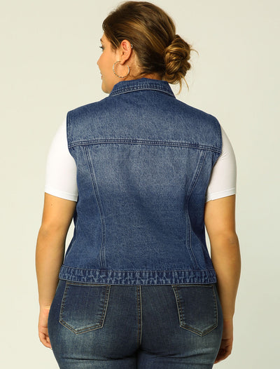 Women Plus Size Chest Pockets Single Breasted Denim Vest