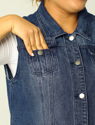 Women Plus Size Chest Pockets Single Breasted Denim Vest