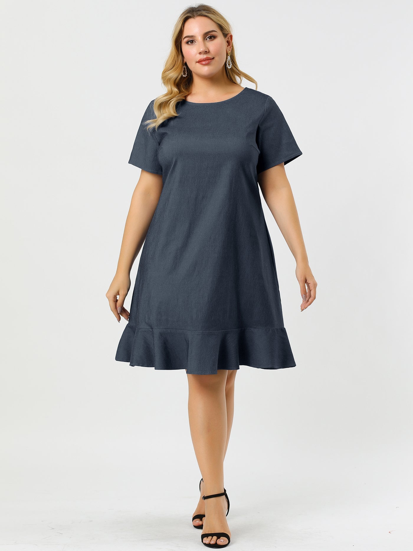 Bublédon Basic Solid Short Sleeve Ruffle Hem Plus Size Dress