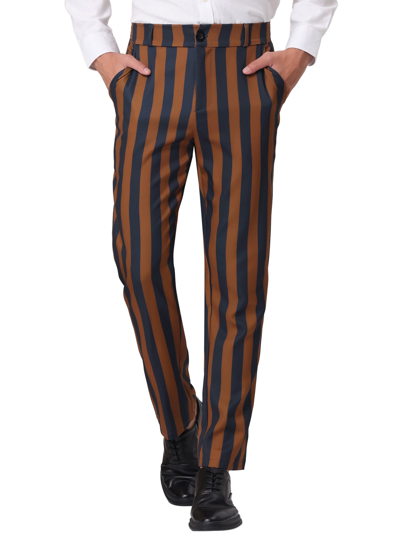 Bublédon Men's Striped Classic Fit Flat Front Business Work Prom Trousers Dress Pants