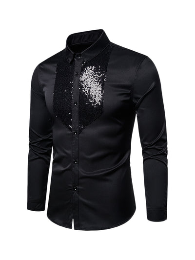Men's Sequin Shirt Long Sleeves Button Down Prom Party Satin Shirts