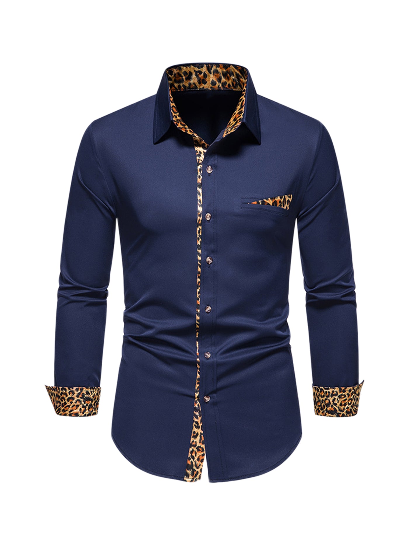 Bublédon Men's Long Sleeves Button Down Constrast Leopard Printed Party Dress Shirts