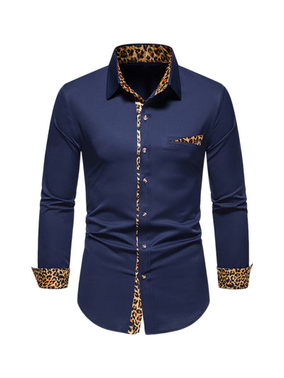 Men's Long Sleeves Button Down Constrast Leopard Printed Party Dress Shirts