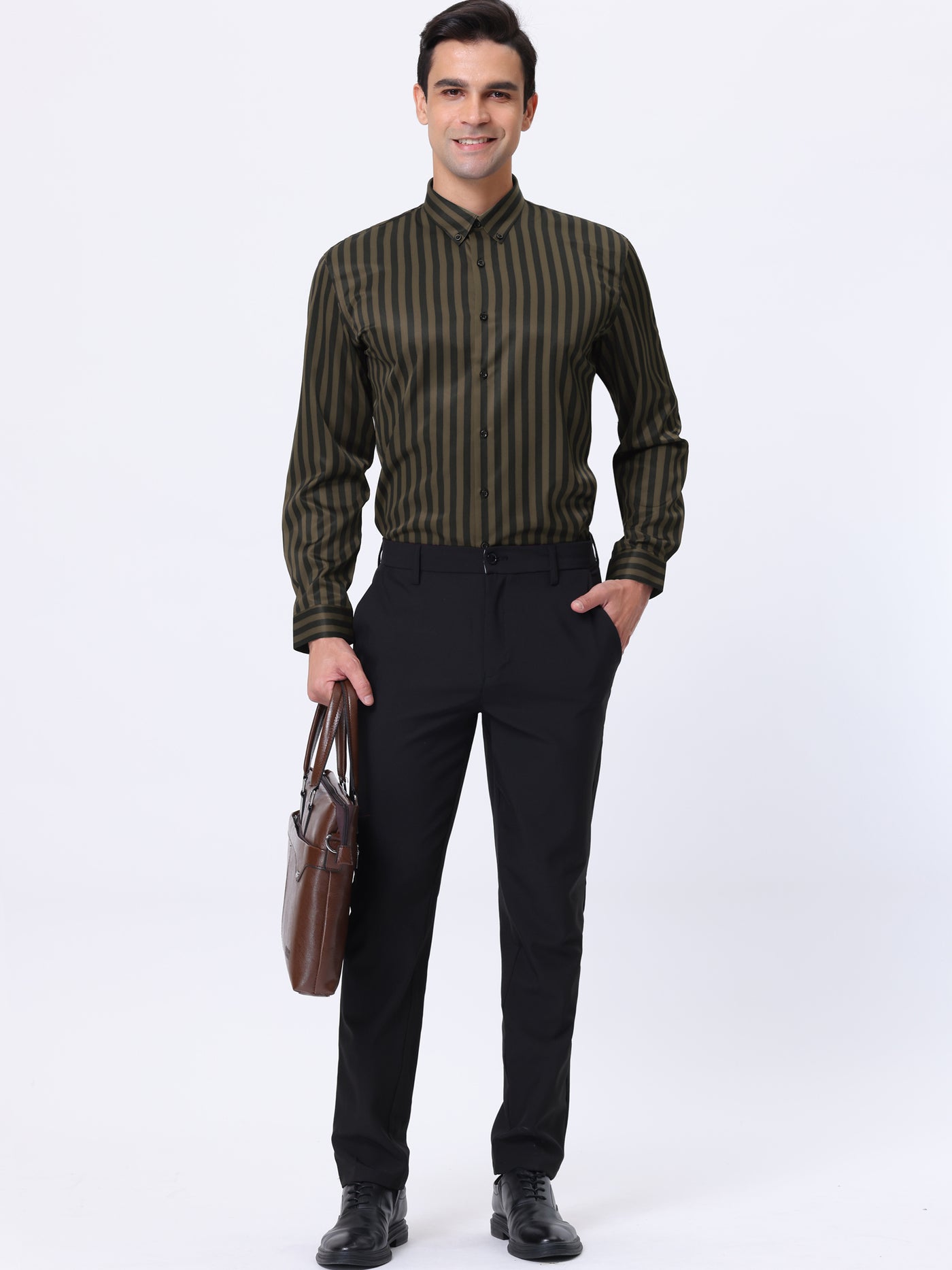 Bublédon Men's Satin Stripe Dress Shirts Long Sleeves Button Down Formal Business Shirt