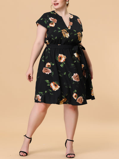 Polyester V Neck Floral Print Summer Plus Size Dress