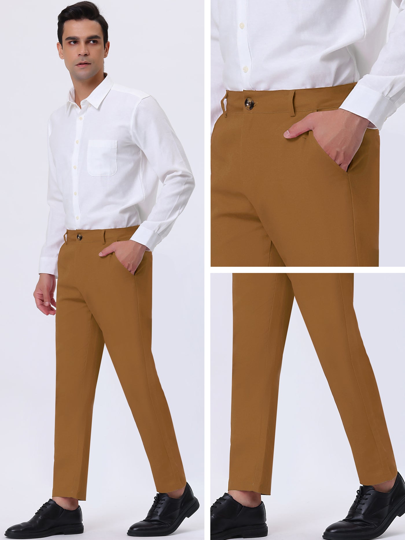 Bublédon Men's Solid Color Slacks Straight Fit Flat Front Chino Dress Pants