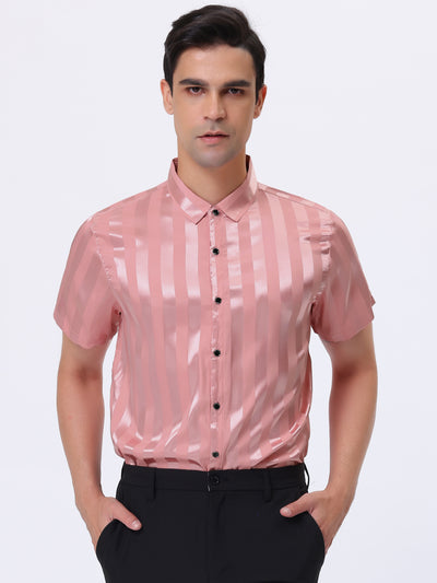 Satin Summer Point Collar Short Sleeves Button Down Striped Shirts