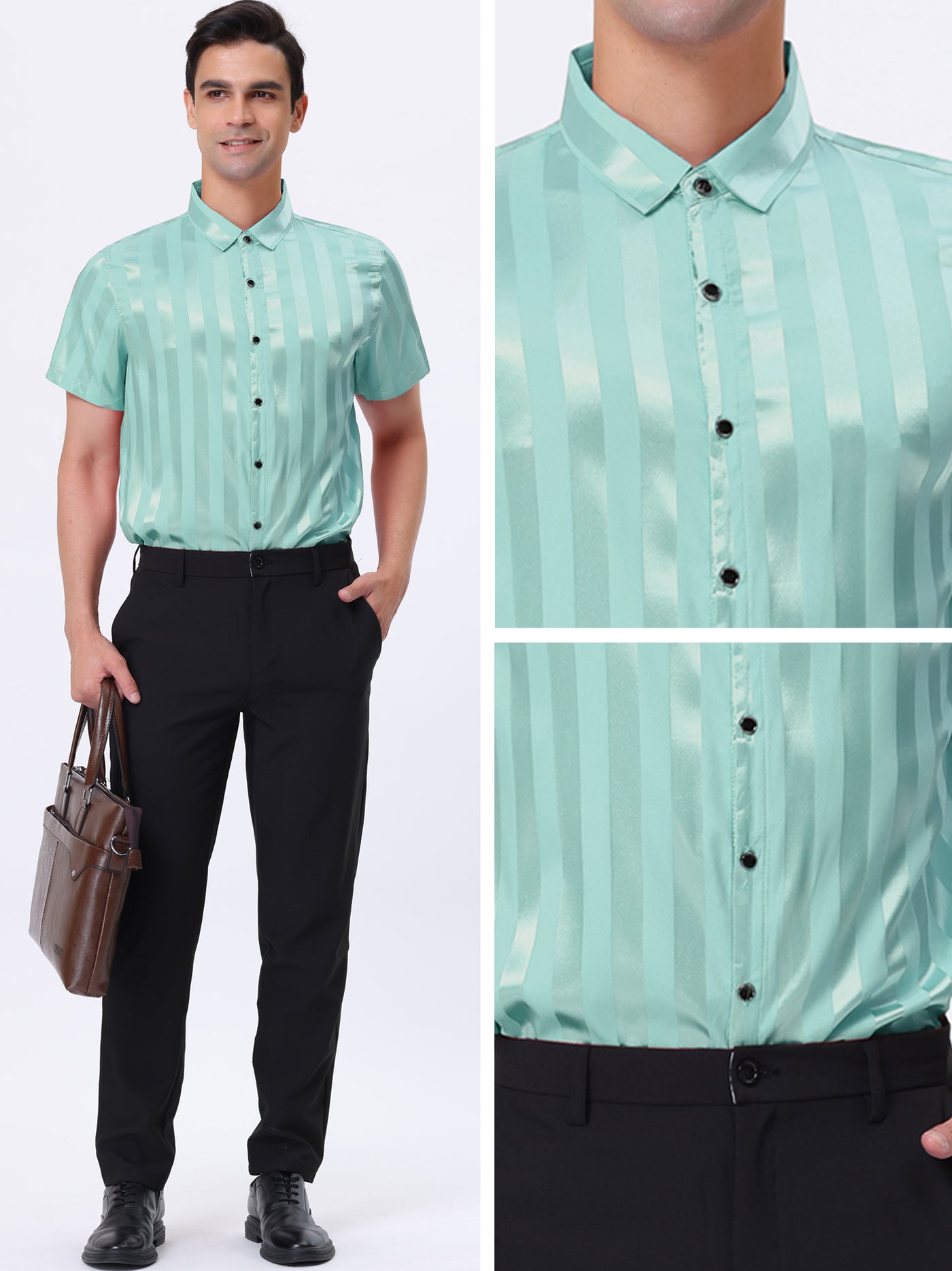 Bublédon Satin Summer Point Collar Short Sleeves Button Down Striped Shirts