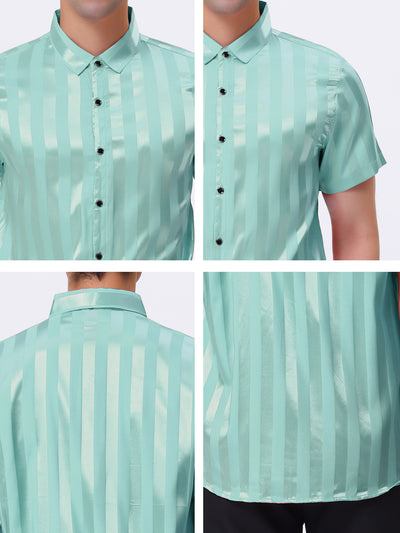 Satin Summer Point Collar Short Sleeves Button Down Striped Shirts