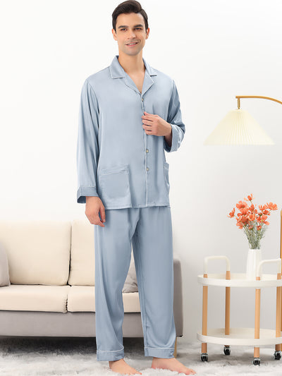 Men's Satin Pajamas Set Long Sleeves Button Down Sleepwear Nightwear Pjs