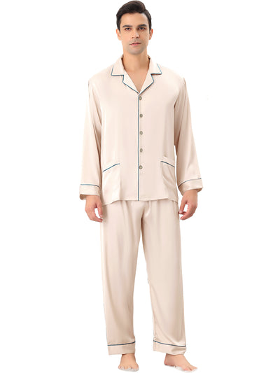 Bublédon Men's Satin Pajamas Set Long Sleeves Button Down Sleepwear Nightwear Pjs
