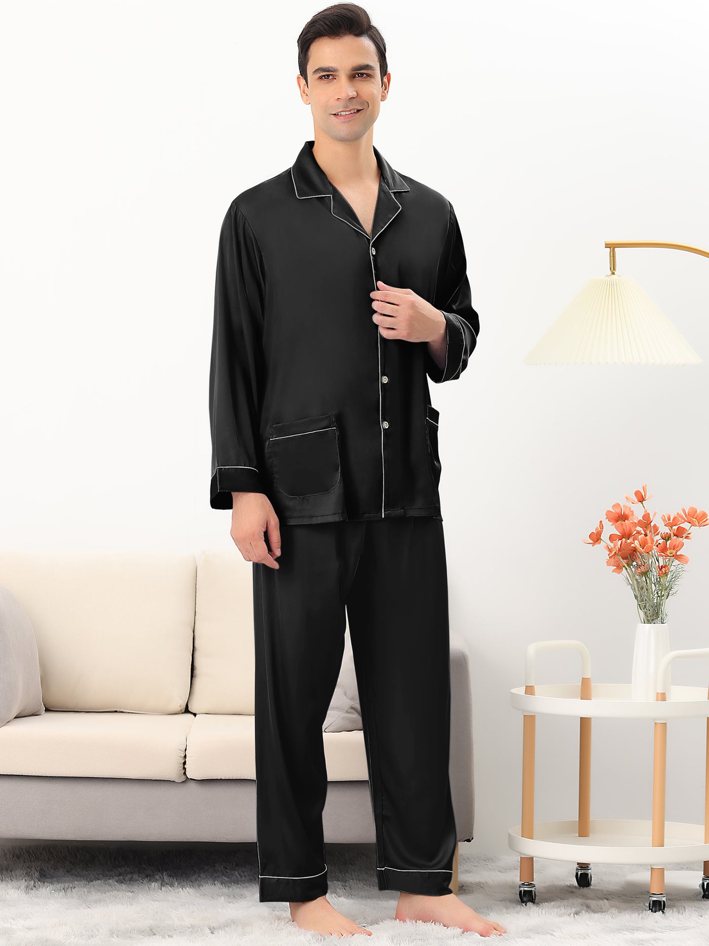 Bublédon Men's Satin Pajamas Set Long Sleeves Button Down Sleepwear Nightwear Pjs