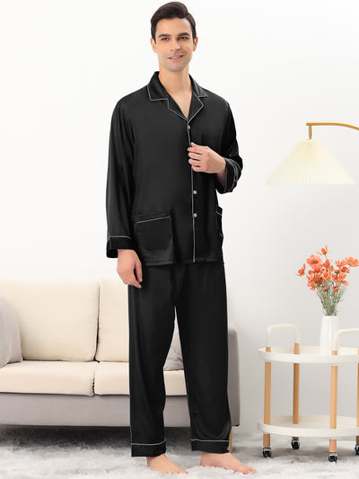 Men's Satin Pajamas Set Long Sleeves Button Down Sleepwear Nightwear Pjs