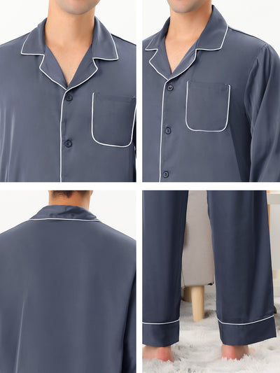 Men's Sleepwear Pjs Long Sleeves Shirt and Pants Nightwear Satin Pajama Set