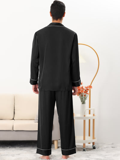 Men's Sleepwear Pjs Long Sleeves Shirt and Pants Nightwear Satin Pajama Set
