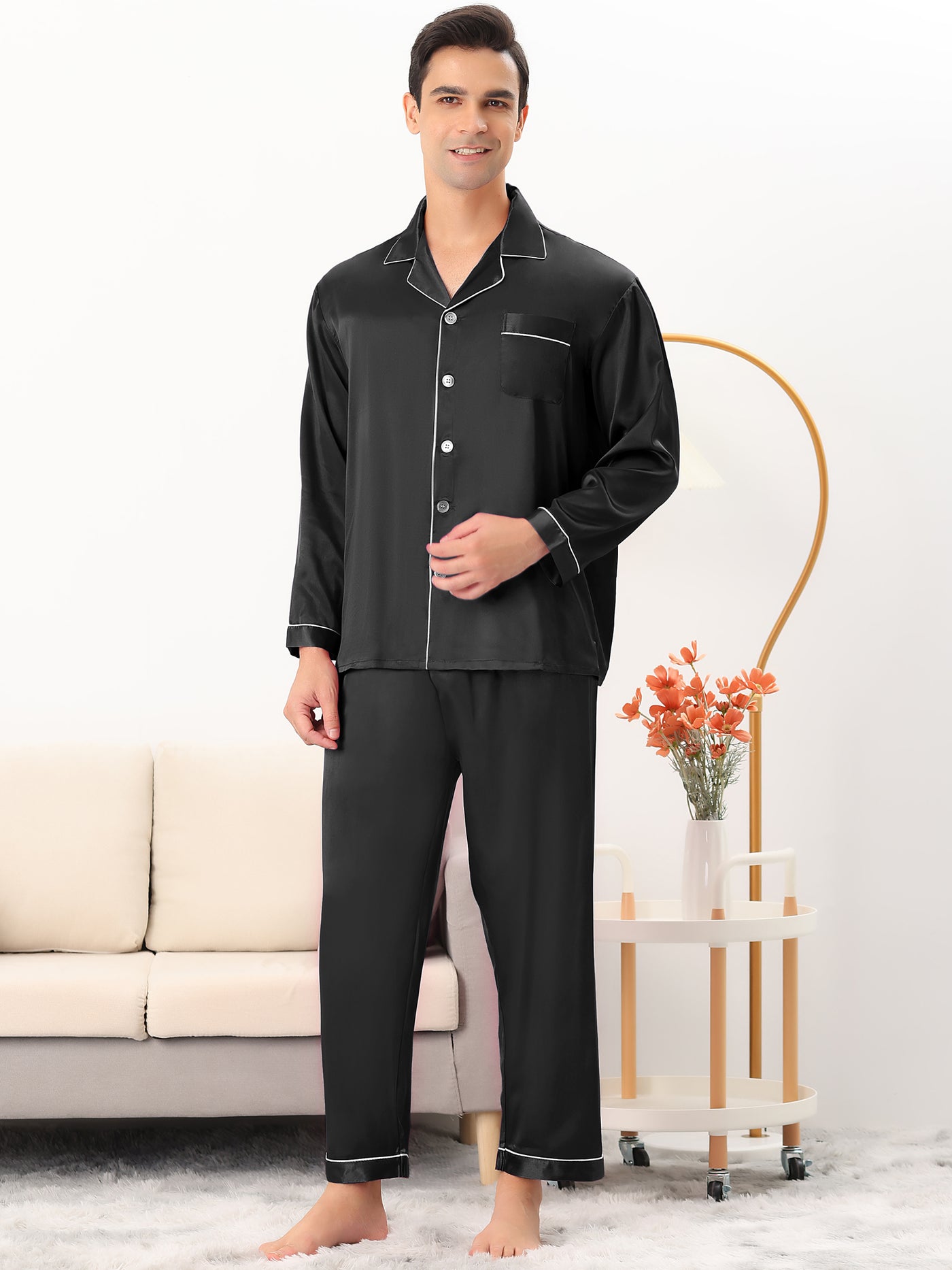 Bublédon Men's Satin Pajama Set Long Sleeves Shirt Pants Sleepwear Loungewear Pjs