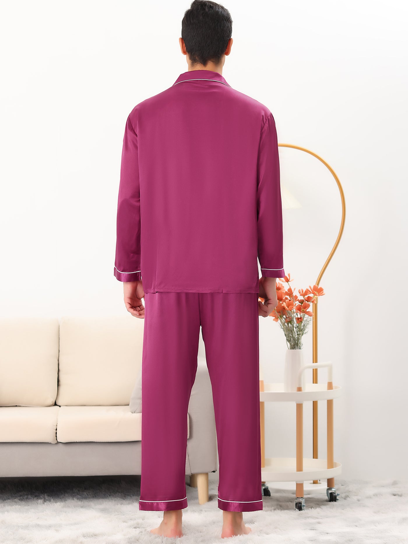 Bublédon Men's Satin Pajama Set Long Sleeves Shirt Pants Sleepwear Loungewear Pjs