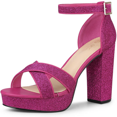 Perphy Glitter Platform Crisscross Strap Chunky Heel Sandal
